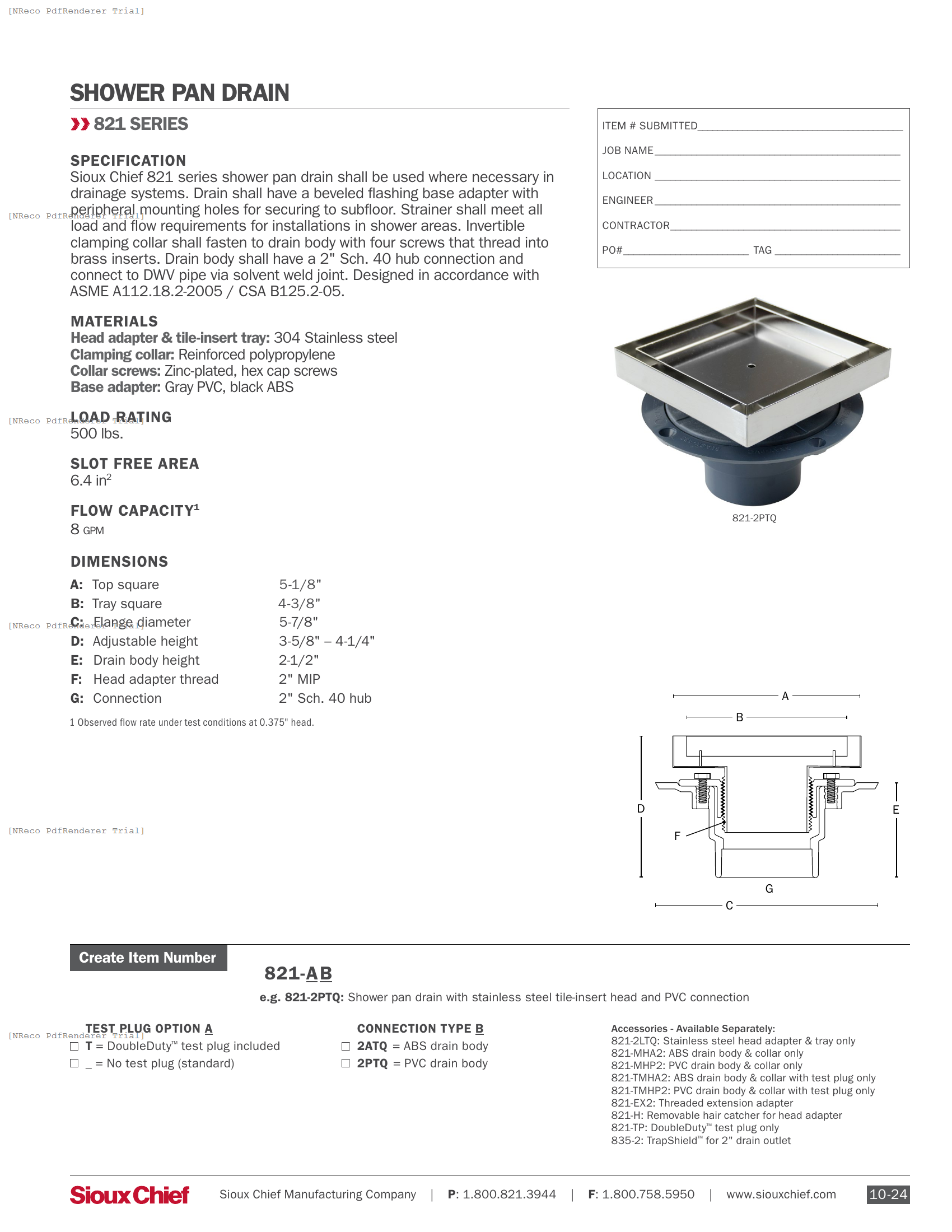 821-2 SERIES - TILE-INSERT SHOWER PAN DRAIN - SPEC SHEET.PDF Specification Document